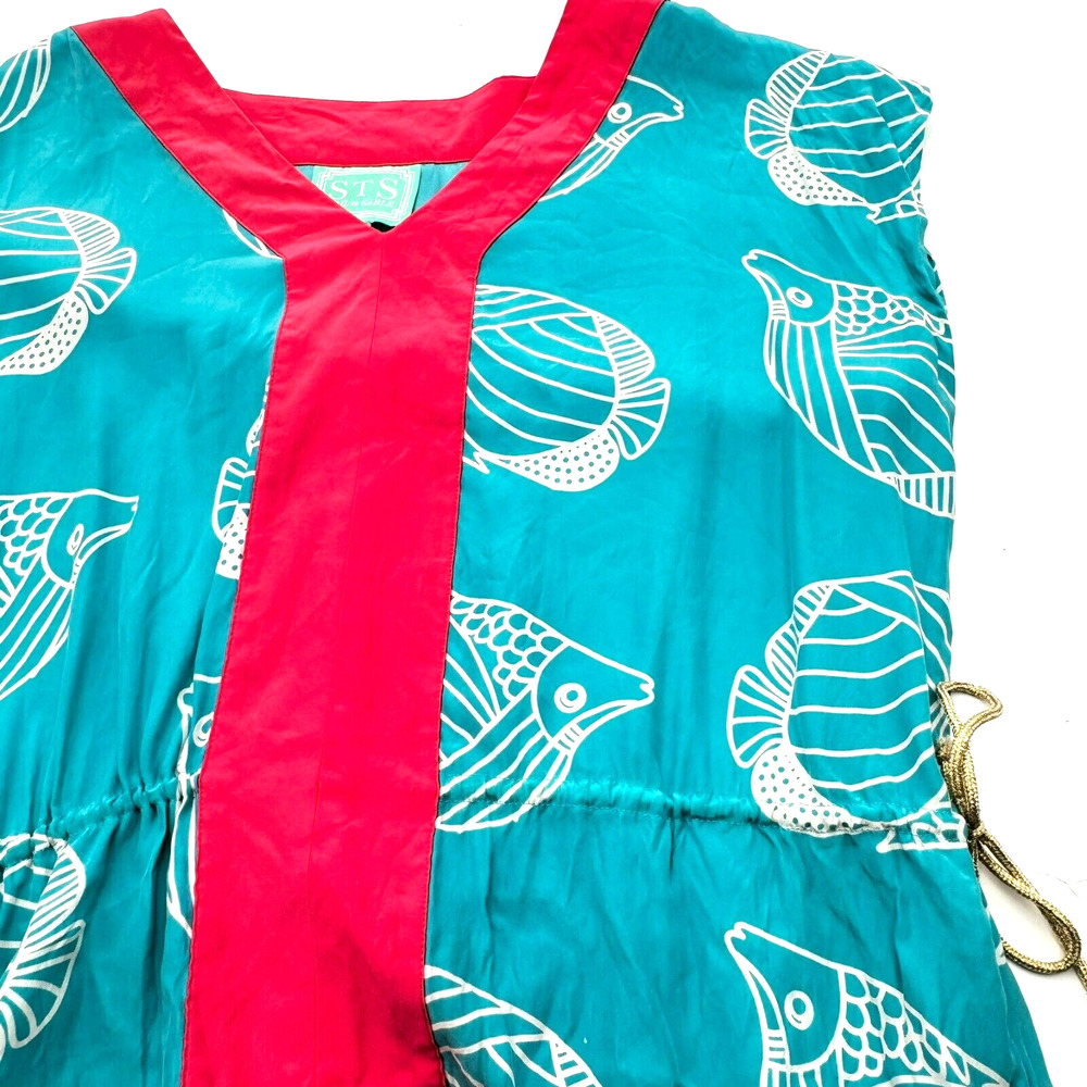 SAIL TO SABLE Large 100% Silk Blue Pink Fish Print Cinch Waist Swim Cover Dress